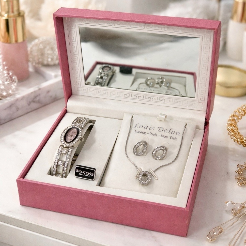 Louis Delon Ladies Quartz Watch Jewelry Gift Set Necklace Earrings Untested